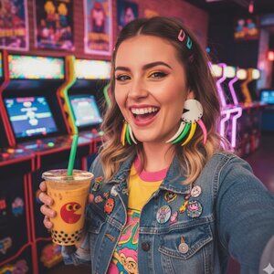 🕹️ Vintage 80s Neon PAC-MAN Style Kitsch Dangle Earrings - Funky Retro Novelty